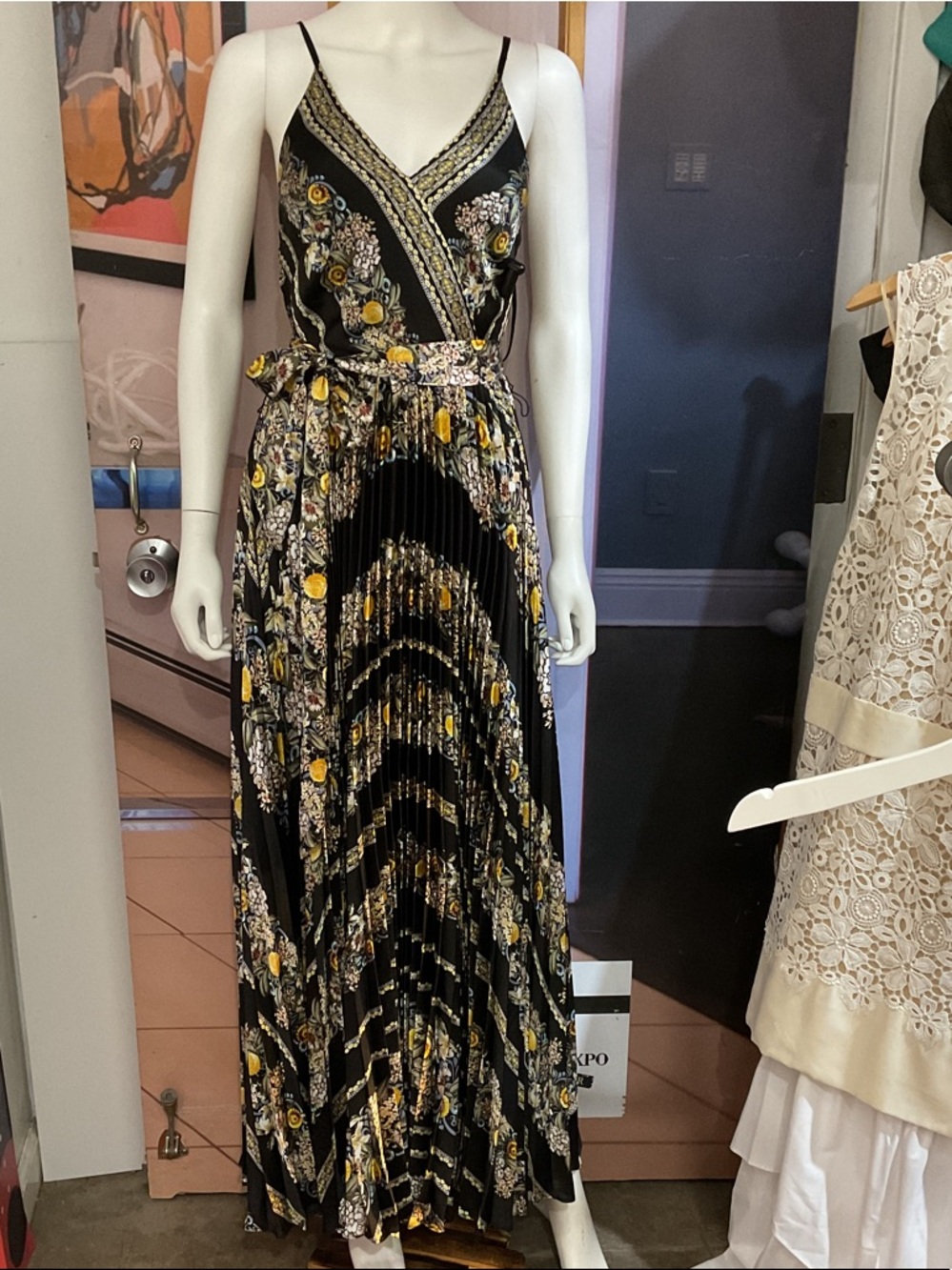 White House Black Market Black Floral V-Neck Maxi Dress with Yellow Detail